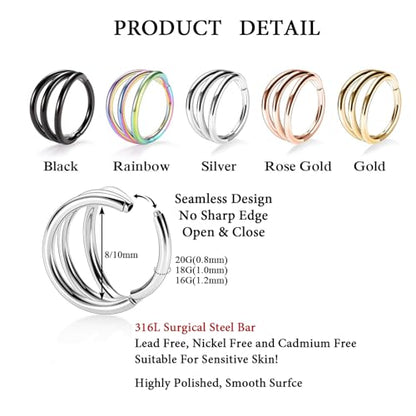 FUNLMO Conch Helix Tragus Rook Daith Piercing Jewelry Triple Hoop Nose Ring Septum Ring Nose Ring Cartilage Hoop Earring 316L Surgical Steel Nose Hoop Lip Ring 16G 10mm Rose Gold