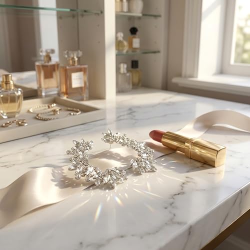 Silver Rhinestone Ear Cuffs for Women Non Piercing, Sparkly Crystal Ear Wrap Crawler Clip On Earrings, Fake Piercing Jewelry for Wedding Prom Party (Silver, 1 Pair)