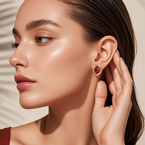 Jean Beau Chunky Gold Stone Stud Earrings for Women, Trendy Natural Gemstone Hypoallergenic Earing Valentine Jewelry Gift - color: Ruby Red