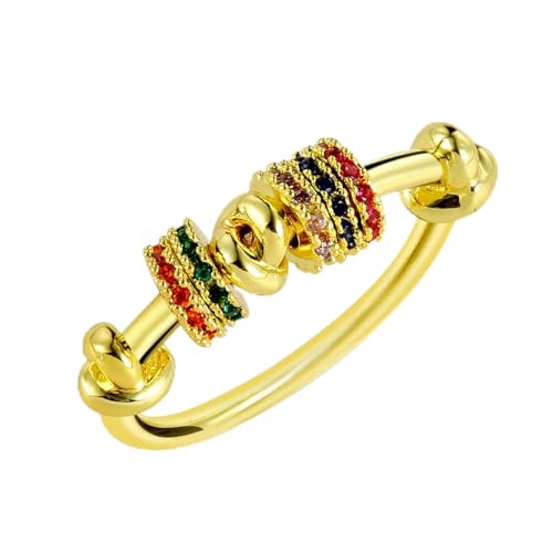 14K Gold Plated Plated Anxiety Spinner Ring for Women,Simulated Diamond CZ Rainbow Fidget Ring, Knot Design Stress Relief Finger Knuckle Ring, Thin Statement Cocktail Promise Ring Jewelry Gift