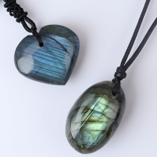 FANASY Natural Raw Crystal Necklace for Women Irregular Stone Necklaces Spiritual Gemstone Pendant with Adjustable Rope - color: X-Labradorite+Heart-Shaped