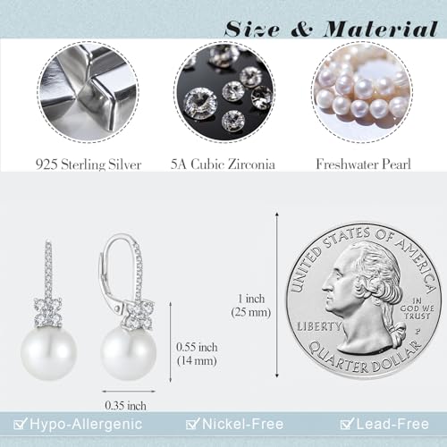 Pearl Earrings for Women 925 Silver Freshwater Real Pearl Drop Dangling Earrings for Birthday Christmas Anniversary - color: Silver