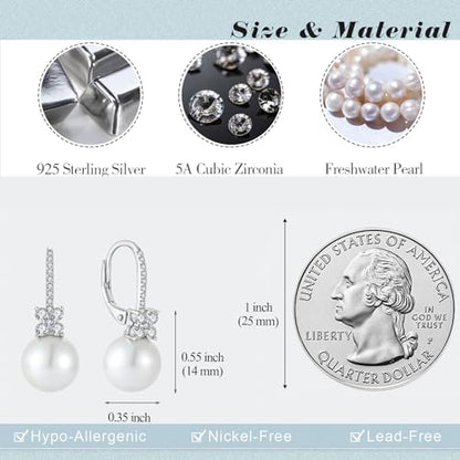 Pearl Earrings for Women 925 Silver Freshwater Real Pearl Drop Dangling Earrings for Birthday Christmas Anniversary - color: Silver