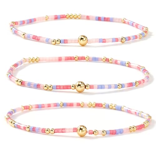 Colorful Gold Beaded Bracelets for Women Boho Tiny Gold Plated Ball Stretch Stackable Small Seed Beads Bracelet Stack Trendy Jewelry Set Dainty Vacation Friendship Christmas Gifts for Women - color: Pink