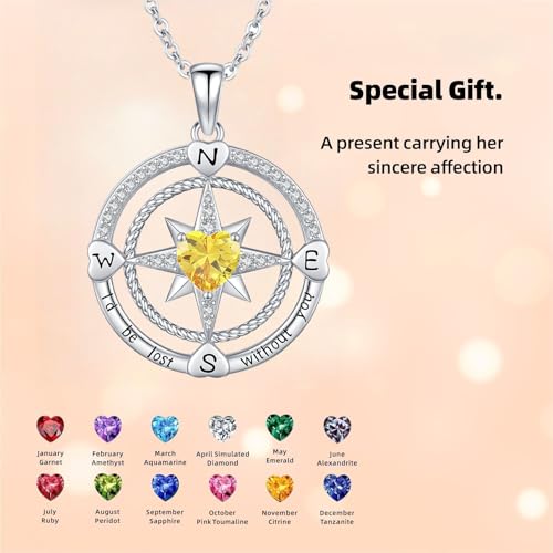 Compass Birthstone Necklace for Women S925 Sterling Silver with Cubic Zirconia - Birthday Jewelry gift for her, Girlfriend, Wife, Mom on Birthday, Anniversary - color: 11 - Citrine