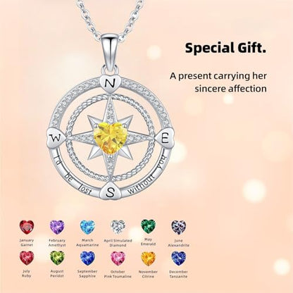 Compass Birthstone Necklace for Women S925 Sterling Silver with Cubic Zirconia - Birthday Jewelry gift for her, Girlfriend, Wife, Mom on Birthday, Anniversary - color: 11 - Citrine