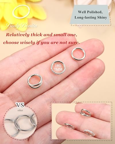BodyBonita 3pcs Nose Rings Hoops - Double Hoop Nose Ring 14/16/18/20G Hinged CZ Piercing Jewelry Septum Clicker Rings Cartilage Earring Helix Rook Tragus Daith 7mm/8mm/9mm/10mm - color: Silver, size: 16 gauge-7mm