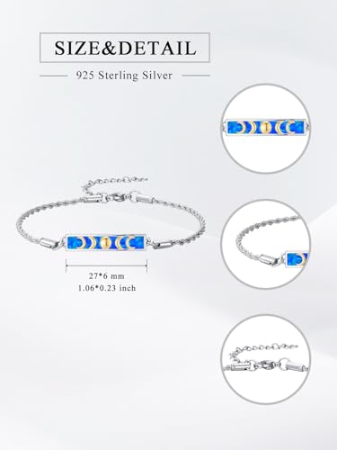 Waves/Tree of Life/Mushrooms/Moon Phase/Butterfly/Hummingbird Bracelet/Anklet 925 Sterling Silver Adjustable Abalone Shell Bar Bracelet/Anklet Summer Jewelry Gifts for Women - color: Moon Phase-Blue Opal, size: Bracele 7"+2"