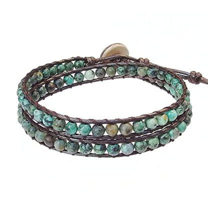 Genuine Stone Wrap Bracelets for Women Natural Crystal Beaded Wrap Bracelet 2/3/5 Adjustable Bohemian Bracelets Jewelry Gifts for Women Mom - color: africa turquoise(2 wraps)
