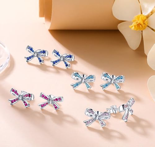 925 Sterling Silver Birthstone Bow Stud Earrings for Girls Women Bow Jewelry Birthday Gifts for Teens Kids Girls Bowknot Stud Earrings - color: 07.July