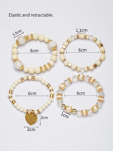 Women Beaded Bracelet Set | Colorful Boho Stackable Trendy Design with Crystal Accents Multilayer Bangle Bracelet | Fashion Stretch Braclets Jewelry for Women - color: White