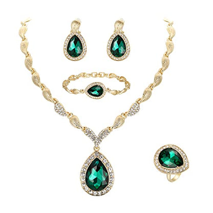 Womens Africa 18k Gold Plated Jewelry Set Crystal Rhinestones Petals Teardrop Cluster Bib Statement Necklace Link Bracelet Dangle Earrings Ring for Prom - color: 02-Emerald Color Gold-Plated-Base
