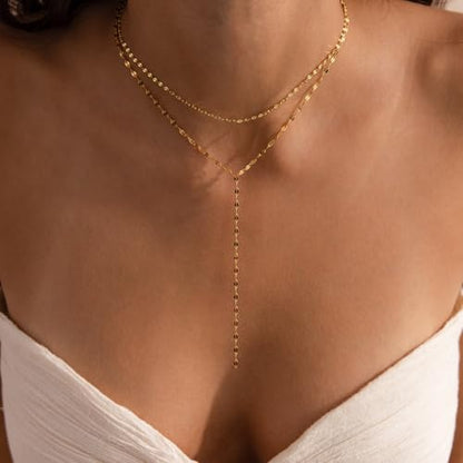 Lariat Necklace for Women, Dainty 14K Gold/Silver Plated Long Necklaces for Women Trendy Simple Layered Y-Shaped Pendant Necklace Adjustable Fashion Jewelry Gift - color: Gold, style: Lip Chain