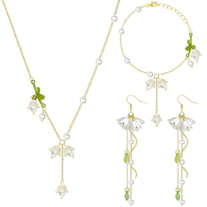 NEWITIN 4 Pieces Flower Jewelry Set for Women Fashion Costume Jewels Pink Flower Dangle Earrings Necklace Floral Beads Bracelet Gold Jewelry Set for Women - color: White Flower Jewelry Set