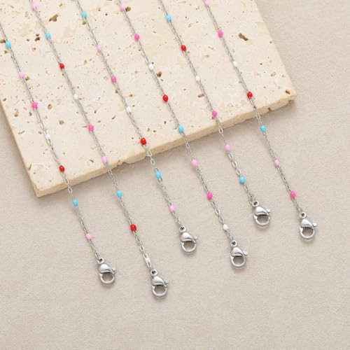 6 PCS Enamel Beaded Chains Bracelet Stainless Steel Link Bracelets | 6.7"+1.18", With Extender Chain, Fashion Jewelry Set, Gift For Women, Colorful, No Fade - color: Mixcolor Silver