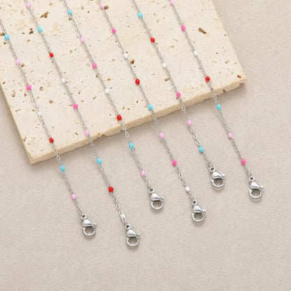 6 PCS Enamel Beaded Chains Bracelet Stainless Steel Link Bracelets | 6.7"+1.18", With Extender Chain, Fashion Jewelry Set, Gift For Women, Colorful, No Fade - color: Mixcolor Silver
