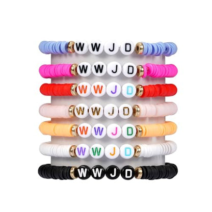 Yowivon Colorful Friendship Bracelets Set Preppy Flower Heart Star Evil Eye Beaded Pearl Clay Bead Bracelets - style: WWJD