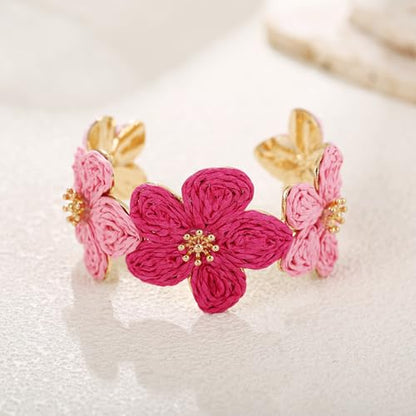 RUOFFETA Raffia Flower Cuff Bracelet for Women, Floral Chunky Bangle Wide Open Cuff Statement Bracelet - color: Hot Pink Ombre