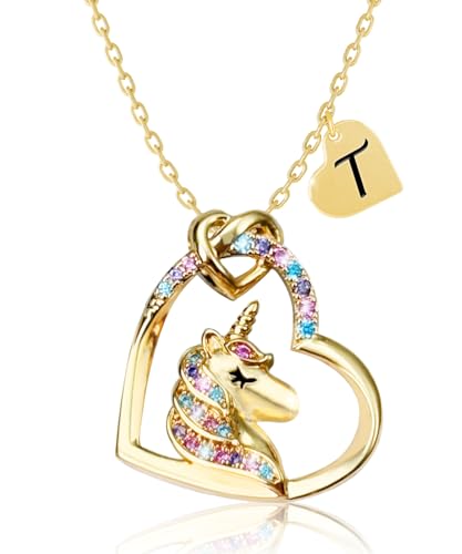 Girl Teen Initial Unicorn Necklace Gift Children Girl Jewelry Gift | Valentine's Day-Unicorn necklace for girls daughters and granddaughters gold CZ heart-shaped colored necklace birthday gift - style: T