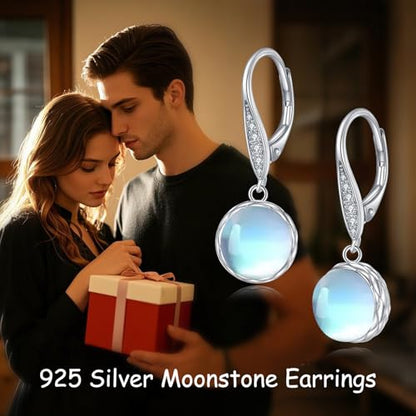 925 Sterling Silver 8mm Pearl Dangle Drop Earrings Moonstone Larimar Opal Rose Quartz Black Pearl Leverback Earrings for Women Christmas Gifts for Her - style: Moonstone Earrings