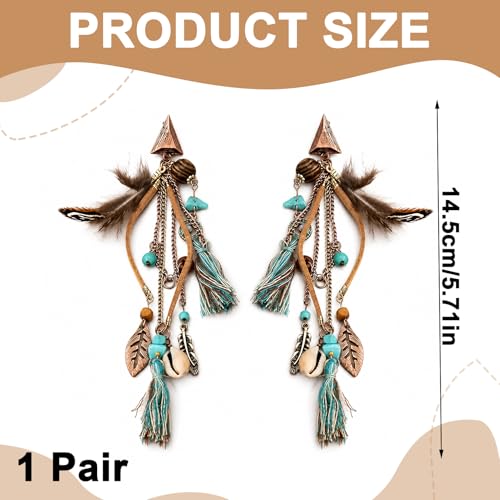 1 Pair Long Boho Feather Tassel Earrings for Women, Dangle Drop Vintage Ethnic Tribal Statement Jewelry Accessory