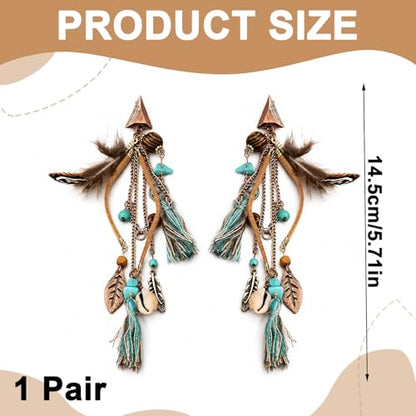 1 Pair Long Boho Feather Tassel Earrings for Women, Dangle Drop Vintage Ethnic Tribal Statement Jewelry Accessory
