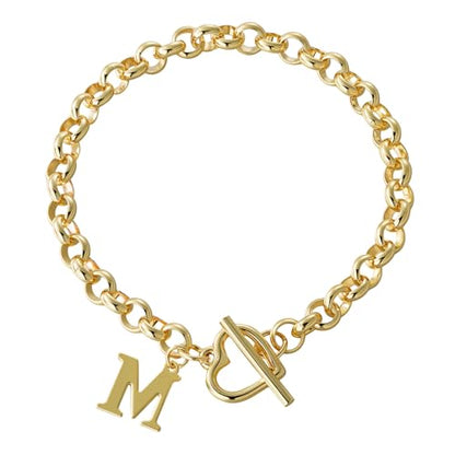 14K Gold Plated Stainless Steel A-Z Alphabet Letter Heart Bracelet | Non-Tarnish Dainty Charm with a Romantic Toggle Clasp Daily Fashion Jewelry, 7-inch Rolo Chain, Personalized Gift for Her - color: M