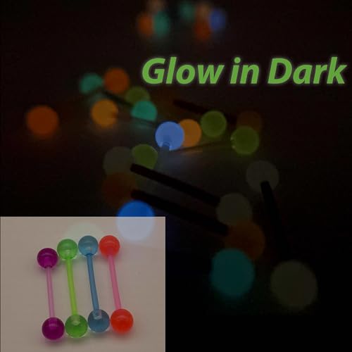 18Pcs 14G Acrylic Tongue Barbells Rings Candy Color Tongue Piercing Jewelry Glow in Dark Plastic Flexible Nipple Ring Straight Barbell for Women Men 16mm