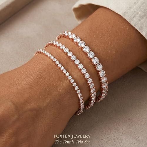 925 Sterling Silver Bracelets for Women Stack, Trendy Tennis Bangle Cuff Jewelry Set 14K Gold Plated, Adjustable Bracelet Set for Wrist Essentials, Women Fashion Watch Band Acecessories - style: Bracelet_3pcs(Rose Gold Tennis Set)