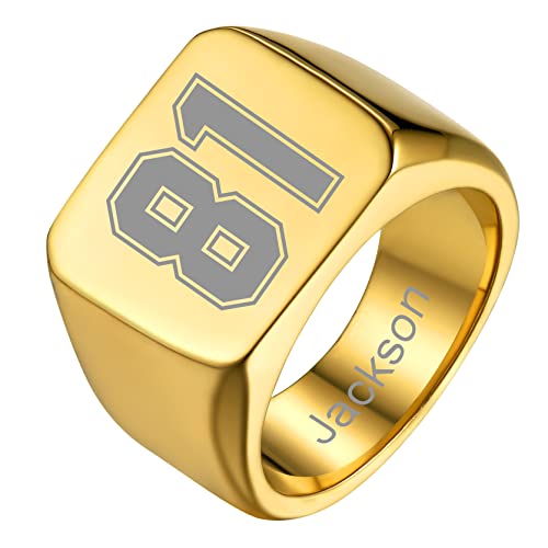 GoldChic Jewelry Personalized Signet Rings Men Women, Stainless Steel Custom Photo Bold Square/Oval Monogram/Old English Initial Pinky Stacking Statement Ring in Black/Silver/Gold (Size 7-14) - color: Gold-Number -Square