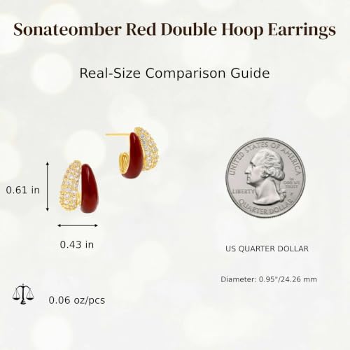 Sonateomber Gold Chunky Crystal Hoop Earrings for Women, Trendy Statement Sparkly CZ Rhinestone Thick Open Hoops Earings Hypoallergenic Wedding Prom Everyday Accessories Fashion Jewelry Gift - color: Double CZ Red