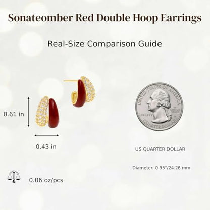 Sonateomber Gold Chunky Crystal Hoop Earrings for Women, Trendy Statement Sparkly CZ Rhinestone Thick Open Hoops Earings Hypoallergenic Wedding Prom Everyday Accessories Fashion Jewelry Gift - color: Double CZ Red