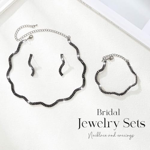 Aukmla Rhinestones Bridal Wedding Jewelry Set Choker Necklaces Earrings Bracelet Sets Prom Jewelry for Women and Brides - color: Black