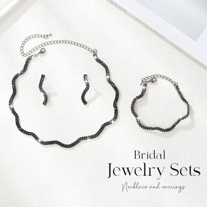 Aukmla Rhinestones Bridal Wedding Jewelry Set Choker Necklaces Earrings Bracelet Sets Prom Jewelry for Women and Brides - color: Black