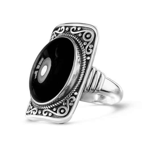 Big Natural Stone Ring,Rectangle Retro Antique Vintage Sterling Silver Genuine Crystal Quartz Gemstone Statement Wide Chunky Boho Bohemian Full Finger Ring for Women - color: A01_Black Agate