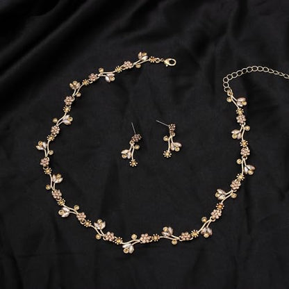 Elegant Brides Austrian Crystal Flower Choker Necklace Drop Dangle Earring Bracelet Wedding Jewelry Set for Bridesmaid Prom Costume Jewelry Set for Women - color: Champagne-Gold Plated