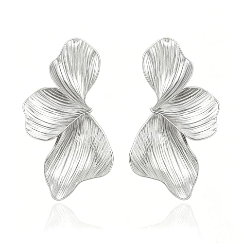 OGD Chunky Gold Statement Earrings For Women Trendy Gold Plated Sectored Flower Leaf Angel Wing Earrings Large Stud Jewlery Hypoallergenic - color: Flower-Silver