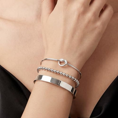 925 Sterling Silver Bracelets for Women Stack, Trendy Tennis Bangle Cuff Jewelry Set 14K Gold Plated, Adjustable Bracelet Set for Wrist Essentials, Women Fashion Watch Band Acecessories - style: Bracelet_3pcs_06(Silver Cuff Set)