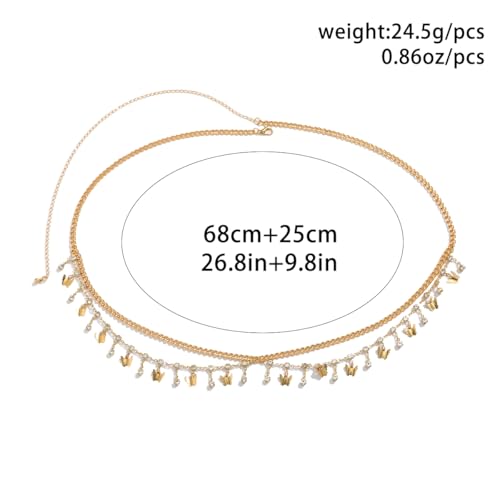 Gold Belly Chain Rhinestone Body Jewelry Chain Plated Waist Chains Layered Body Waist Summer Beach Bikini Jewelry for Women - style: butterfly-gold