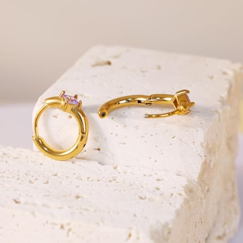 316L Surgical Steel Birthstone Hoop Earrings for Women | Lightweight, 5A Cubic Zirconia, Hypoallergenic, Lead & Nickel Free, 8mm Huggie Hoops - color: 18k gold-plated: 06. June (Alexandrite)