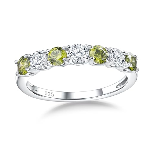 Birthstone Wedding Band Eternity Rings 925 Sterling Silver Rings Stackable Anniversary Engagement Rings Cubic Zirconia Inlaid Created Garnet/Amethyst/Sapphire Ring 7 Stone Ring, Size 6 to 10 - color: Peridot & 5A CZ