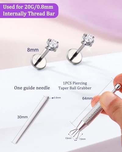 2PCS 20G/18G/16G Titanium Flat Back Nose Studs Internally Thread Cartilage Earring Studs Clear CZ Helix Tragus Earrings for Women Medusa Labret Stud Conch Piercing Jewelry Hypoallergenic - size: 0.8*8mm