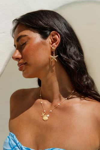 Shell Starfish Charm for Women, Dainty Layered 14K Gold Plated Seashell Conch Starfish Pearl Pendant Necklace for Women Stack Trendy Beach Cuban Link CZ Chain Necklace Summer Vacation Jewelry - color: Shell Starfish Pearl Necklace