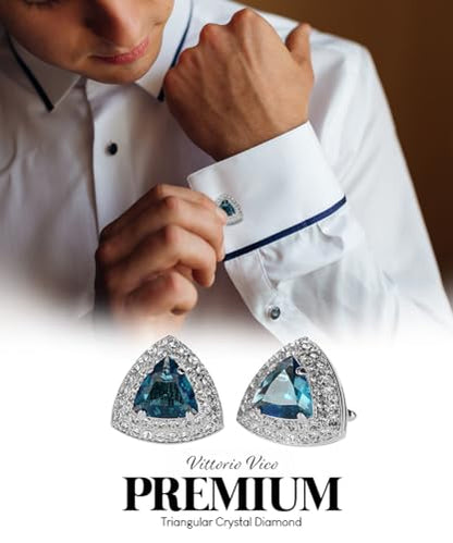 Triangular Crystal Diamond Set Cuff Links for Men – Tuxedo Suit Accessories, Cufflinks for Men - style: Navy Blue/Silver