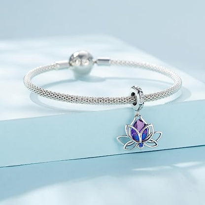 BISAER 925 Sterling Silver Charms for Bracelets Cat Dog Sloth Animal Beads Butterfly Fairy Heart Dangle Pendant Charms - color: Water-lily