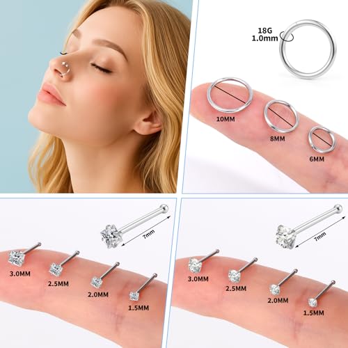 20g Nose Rings Studs and 18g Nose Rings Hoops for Women Men: Hypoallergenic Surgical Stainless Steel Threadless Corkscrew/L Shape/Straight Nose Studs Round Square Simulated Diamond CZ 1.5/2/2.5/3mm Nose Bone Studs Hinged Clicker Segment Nose Hoops Septum