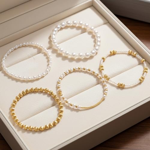 14K Gold Plated Beaded Bracelets Stack Set for Women,Stretch Boho Ball Jewelry Friendship Trendy - color: Gold silver pearl