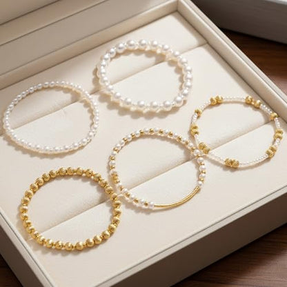 14K Gold Plated Beaded Bracelets Stack Set for Women,Stretch Boho Ball Jewelry Friendship Trendy - color: Gold silver pearl
