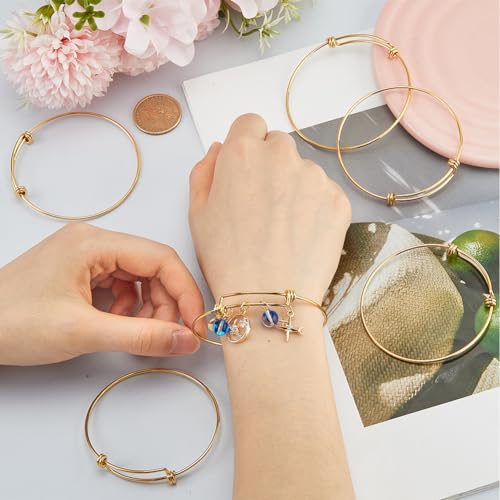 Beebeecraft 6Pcs Expandable Blank Bangle Bracelets Real 18K Gold Plated Stainless Steel Adjustable Wire Bracelets for Jewelry Making DIY Crafts Gift