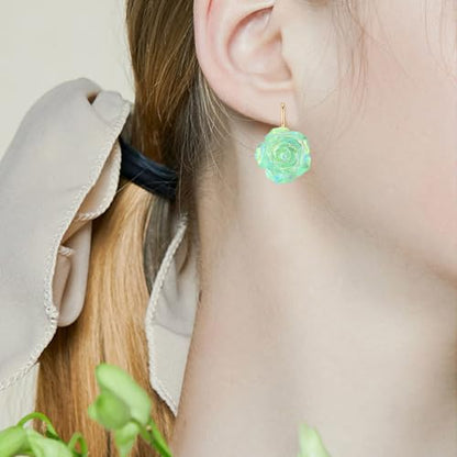 Handmade Bohemian Aesthetic Dainty Acrylic Flower Petal Leverback Earrings Sparkly 14K Gold Floral Dangle Drop Earrings for Women - color: Green